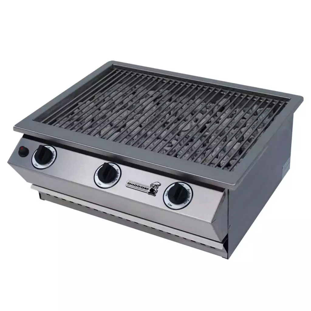 Stainless steel barbecue grill with a ridged cooking grate and four control knobs on the front panel