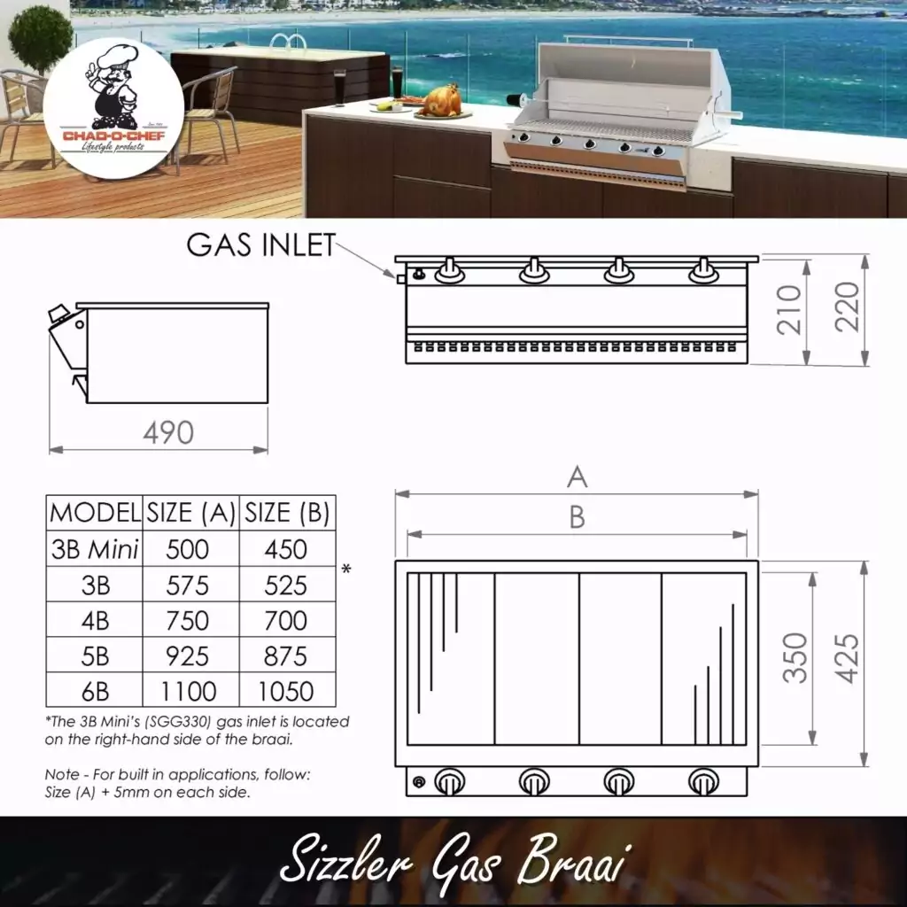 Outdoor deck with a stainless gas grill and Chad-O-Chef logo; below is a technical diagram of the Sizzler Gas Braai showing dimensions and a size chart.
