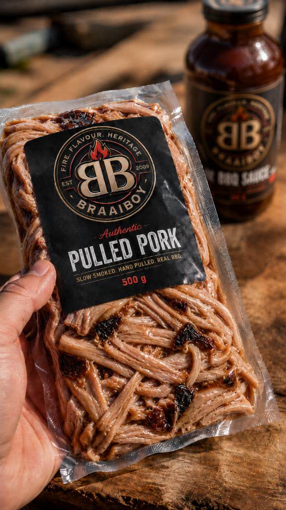 Bag of Braaiboy Authentic Pulled Pork, 500 g, with bottle of BBQ sauce in background on a wooden surface.