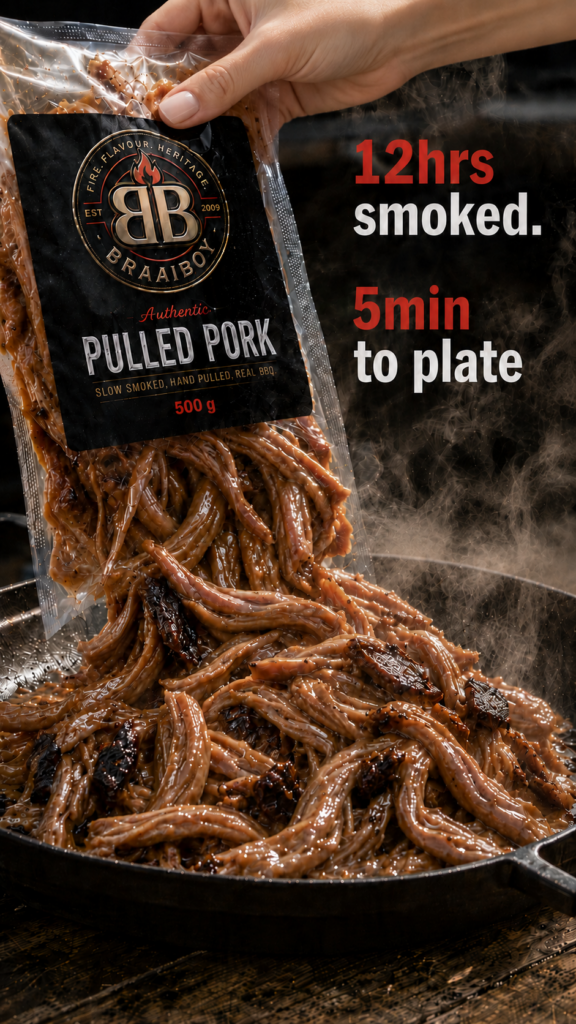 BraaiBoy BBQ Smoked Pulled Pork 500g - emptied into pan