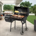 Lifespace compact offset barrel smoker loaded with food